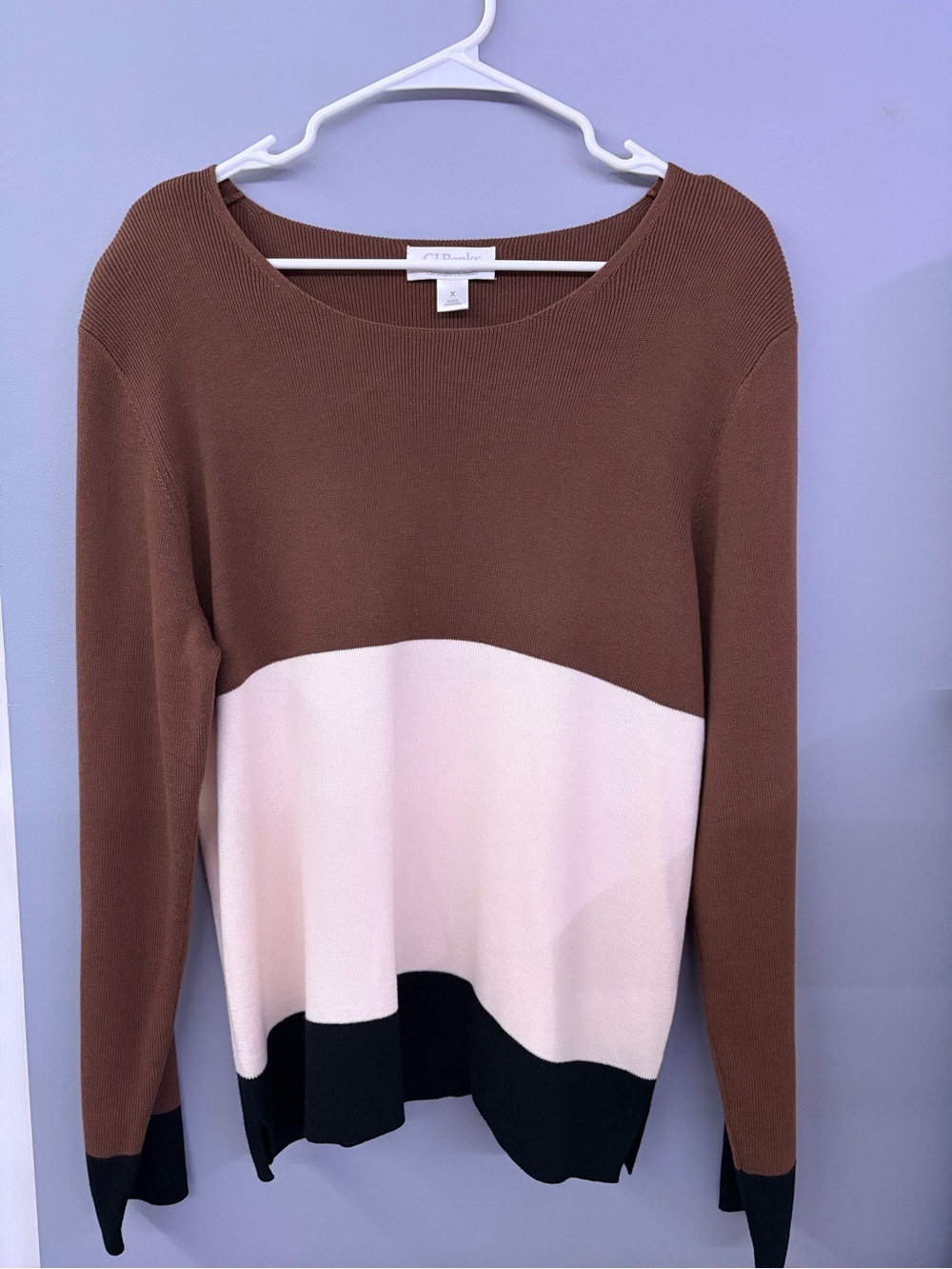 CJ Banks Colorblock Crewneck Sweater - Brown, Cream & Black Size X